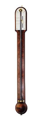 Lot 2 - A MAHOGANY STICK BAROMETER the arched silvered Vernier scale signed Watkins & Hill