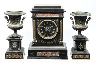 Lot 5 - A 19TH CENTURY FRENCH THREE PIECE CLOCK GARNITURE DE CHEMINÉE the black and gilt Roman numeral dial