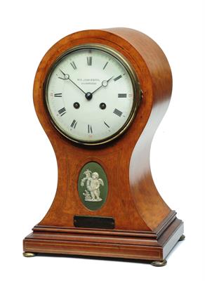 Lot 6 - AN EDWARDIAN SATINWOOD MANTEL CLOCK the convex white enamel Roman dial inscribed M. S. Jamieson