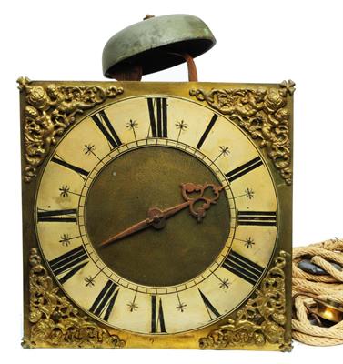 Lot 8 - AN 18TH CENTURY 30 HOUR WALL CLOCK MOVEMENT the 9 3/4 square brass dial with silvered Roman chapter"