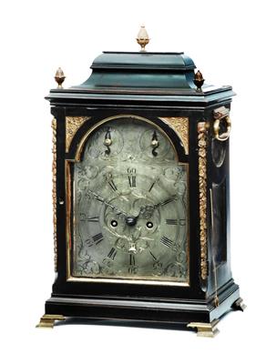 Lot 16 - AN EBONISED BRACKET CLOCK the break arch silvered Roman dial with Arabic five minutes
