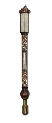 Lot 18 - A 19TH CENTURY ROSEWOOD BOW FRONT STICK BAROMETER the twin canted ivory vernier scales signed Vapor