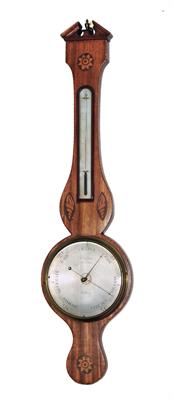 Lot 19 - A LATE GEORGIAN MAHOGANY WHEEL BAROMETER the 8 1/4 silvered dial signed P Giardele"