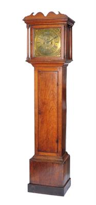 Lot 24 - AN 18TH CENTURY COTTAGE 8 DAY LONGCASE CLOCK the 12 square brass dial with Roman chapter ring"