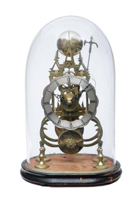 Lot 33 - A VICTORIAN SKELETON TIMEPIECE with silvered Roman chapter ring and brass single fusee movement with