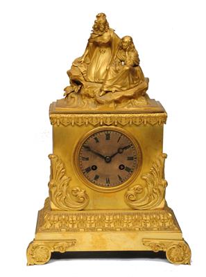 Lot 34 - A 19TH CENTURY FRENCH ORMOLU MANTEL CLOCK with silvered engine turned Roman dial and moon hands
