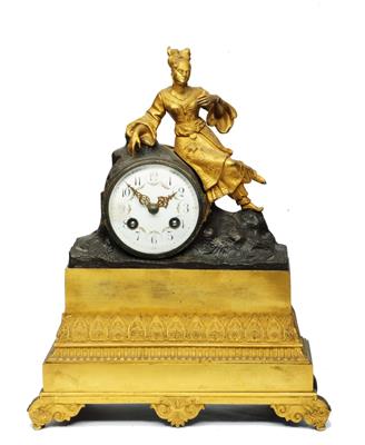 Lot 35 - A 19TH CENTURY FRENCH ORMOLU MANTEL CLOCK the convex white enamel Arabic dial decorated with swags