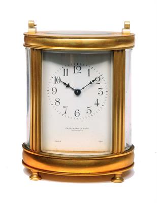 Lot 36 - A FRENCH OVAL CARRIAGE TIMEPIECE with white enamel Arabic dial inscribed Page Keen & Page