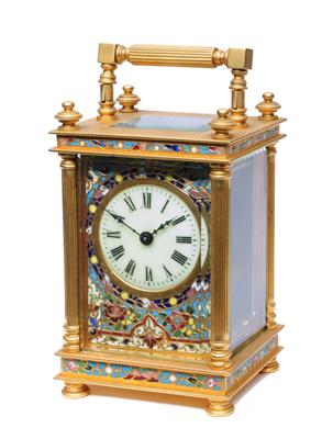 Lot 41 - A 19TH CENTURY FRENCH CARRIAGE TIMEPIECE with circular ivory enamel Roman dial and champlevé enamel