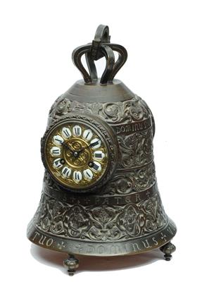 Lot 47 - A 19TH CENTURY FRENCH PATINATED BRASS CLOCK in the form of a medieval bell