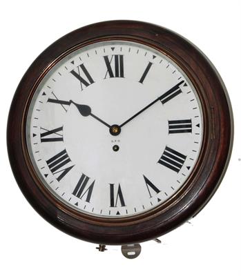 Lot 49 - A 20TH CENTURY MAHOGANY DIAL CLOCK the 12 Roman dial marked G. P. O. with spun brass bezel and"