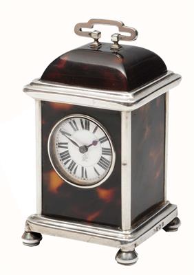 Lot 53 - A GEORGE V TORTOISESHELL AND SILVER MOUNTED CARRIAGE CLOCK in the form of an 18th Century bracket