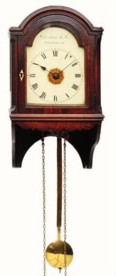 Lot 56 - A GEORGE III HOODED WALL CLOCK the 6 break arch painted Roman dial with central alarm disc"