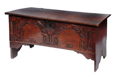 Lot 71 - A 17TH CENTURY OAK SIX PLANK COFFER OR SWORD CHEST with original iron eye hinged top