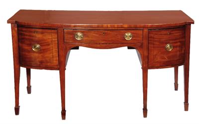 Lot 75 - A GEORGE III MAHOGANY BOWFRONTED DINING ROOM SIDEBOARD with two deep drawers and one long central