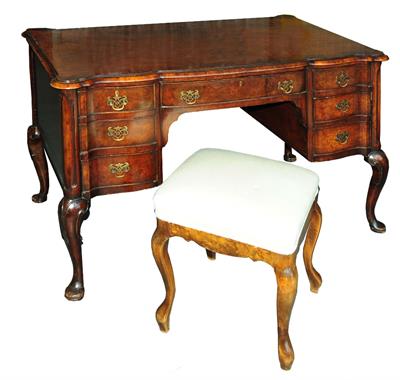 Lot 79 - A QUEEN ANNE STYLE WALNUT VENEERED KNEEHOLE WRITING DESK with one long central drawer and three