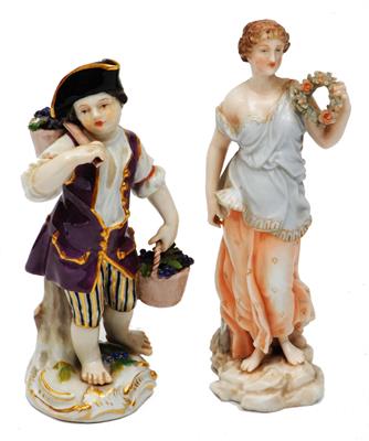 Lot 130 - A 19TH CENTURY MEISSEN FIGURE of a boy in purple waistcoat and carrying baskets of grapes
