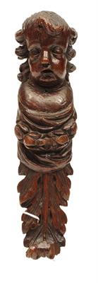 Lot 137 - AN ANTIQUE CARVED OAK FIGURAL FURNITURE MOUNT OR STILE