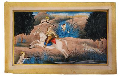 Lot 141 - AN INDIAN MINIATURE painted lion hunting scene in a landscape