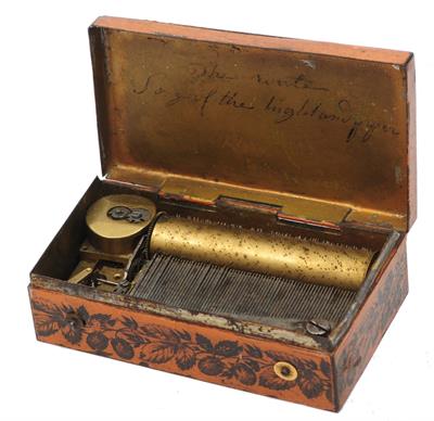 Lot 182 - A 19TH CENTURY FRENCH RECTANGULAR PAINTED AND LACQUERED METAL KEY WOUND MUSICAL BOX