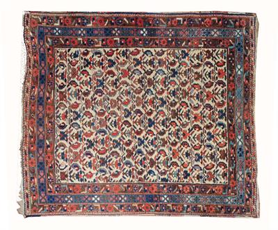 Lot 194 - AN AFSHAR WHITE GROUND RUG with repeating polychrome gul motif within a triple border