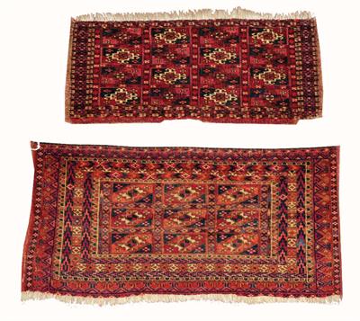Lot 196 - TWO TURKOMAN SMALL BAG FACES each with central medallions on a red ground