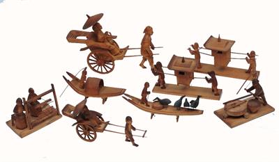 Lot 197 - A GROUP OF EIGHT CHINESE SOFTWOOD CARVINGS TO INCLUDE figures transporting a dignitary in sedan