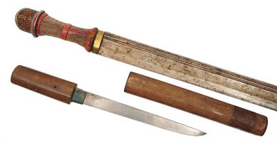 Lot 200 - A 19TH CENTURY CHINESE SWORD with fluted and engraved steel blade and with red lacquered shagreen