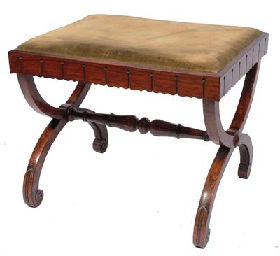 Lot 209 - A REGENCY ROSEWOOD RECTANGULAR FOOTSTOOL with drop in seat and 'X' frame scroll supports