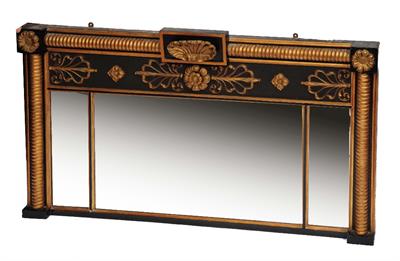 Lot 219 - A REGENCY EBONISED AND PARCEL GILT TRIPLE MIRROR PLATE OVERMANTEL MIRROR
