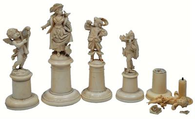 Lot 226 - A 19TH CENTURY DIEPPE IVORY FIGURE in the form of a lady with dove on her shoulder and cockerel at