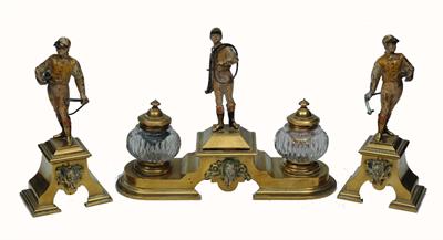 Lot 227 - A VICTORIAN BRASS THREE PIECE DESK GARNITURE comprising inkstand with two cut glass receivers and
