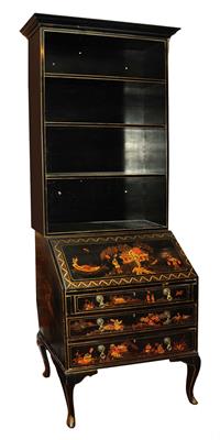 Lot 230 - AN 18TH CENTURY STYLE BLACK LACQUERED BUREAU BOOKCASE with shelves over fall front and drawers below