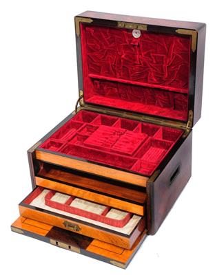Lot 231 - A VICTORIAN BURR WALNUT AND BRASS BOUND JEWELLERY BOX