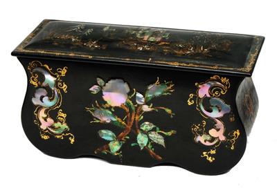 Lot 237 - A VICTORIAN PAPIER MÂCHÉ AND MOTHER OF PEARL INLAID RECTANGULAR BOX the hinged lid decorated with a