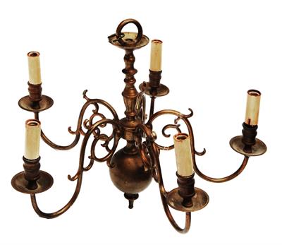 Lot 239 - AN ANTIQUE FLEMISH FIVE LIGHT BRASS CHANDELIER with five cast and pierced scrolling branches (wired