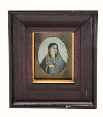 Lot 248 - A 19TH CENTURY INDIAN FRAMED PORTRAIT MINIATURE ON IVORY of a woman holding a flower