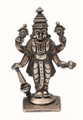 Lot 252 - A SOUTH INDIAN 19TH CENTURY SILVER IMAGE of Vishnu