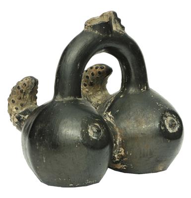 Lot 300 - A CHIMU (PERU) (AD 900-1470) BLACK POTTERY VESSEL in the form of two female breasts with protruding