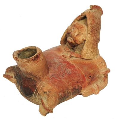 Lot 302 - A VICUS (PERU) (400BC-600AD) RED CLAY EROTIC EFFIGY VESSEL in the form of a reclining male figure
