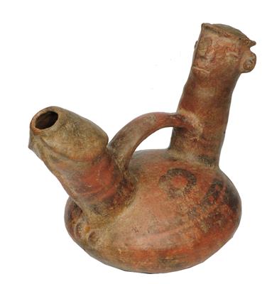 Lot 303 - A VICUS (PERU) RED CLAY OVOID VESSEL in the form of a phallus and a head with carrying handle and