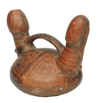 Lot 304 - A VICUS (PERU) RED CLAY VESSEL of double phallus form with black ornament and carrying handle