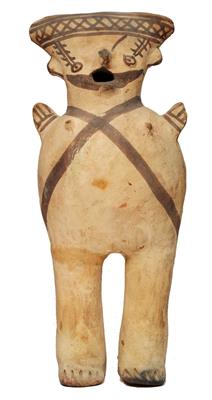 Lot 307 - A CHANCAY (PERU 1000-1450 AD) WHITE CLAY STYLISED STANDING FIGURE with flipper like arms and black