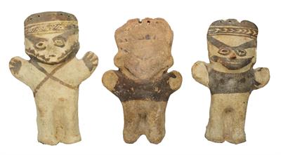 Lot 310 - A GROUP OF THREE CHANCAY (PERU) SMALL CLAY FIGURES each with short outstretched arms and black