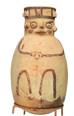 Lot 314 - A CHANCAY (PERU) CLAY OVIFORM STORAGE JAR of stylised human form