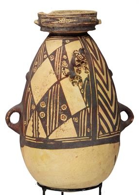 Lot 320A - A CHANCAY (PERU) CLAY OVIFORM VESSEL with stylised geometric motifs and decorated with a clawed