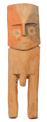 Lot 325 - A CHANCAY (PERU) NAIVE WOODEN MALE FIGURE with traces of black red paint