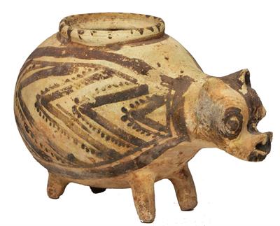Lot 328 - A CHANCAY (PERU) ZOOMORPHIC CLAY VESSEL in the form of a dog or pig with bulbous body and black slip