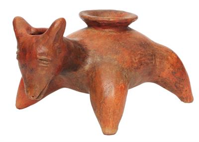 Lot 334 - A COLIMA (MEXICO) BURNISHED RED TERRACOTTA VESSEL in the form of a stylised dog with splayed legs