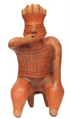 Lot 335 - A NAYARIT (MEXICO) RED CLAY FIGURE of a seated man with hand to mouth with black slip clothing